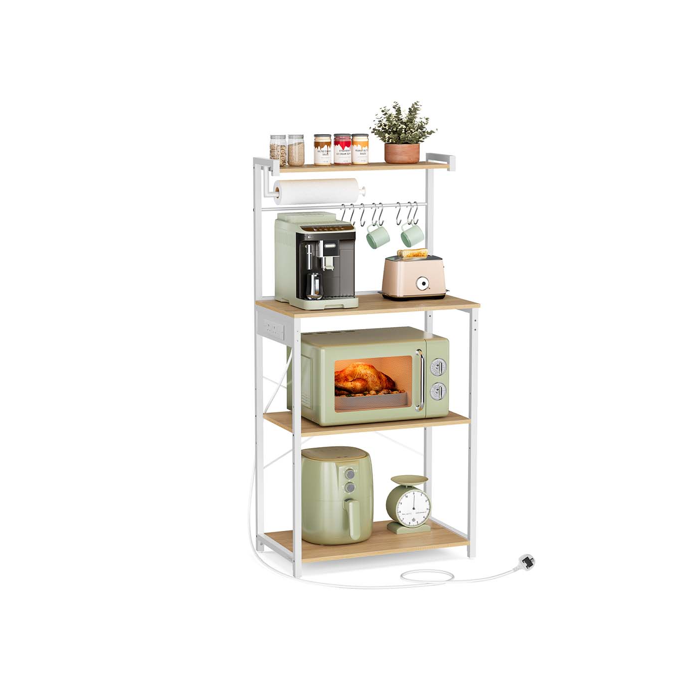 Bakers Rack - Engineered Wood - Golden Oak - 4-Tier with Power Outlet and Adjustable Shelf