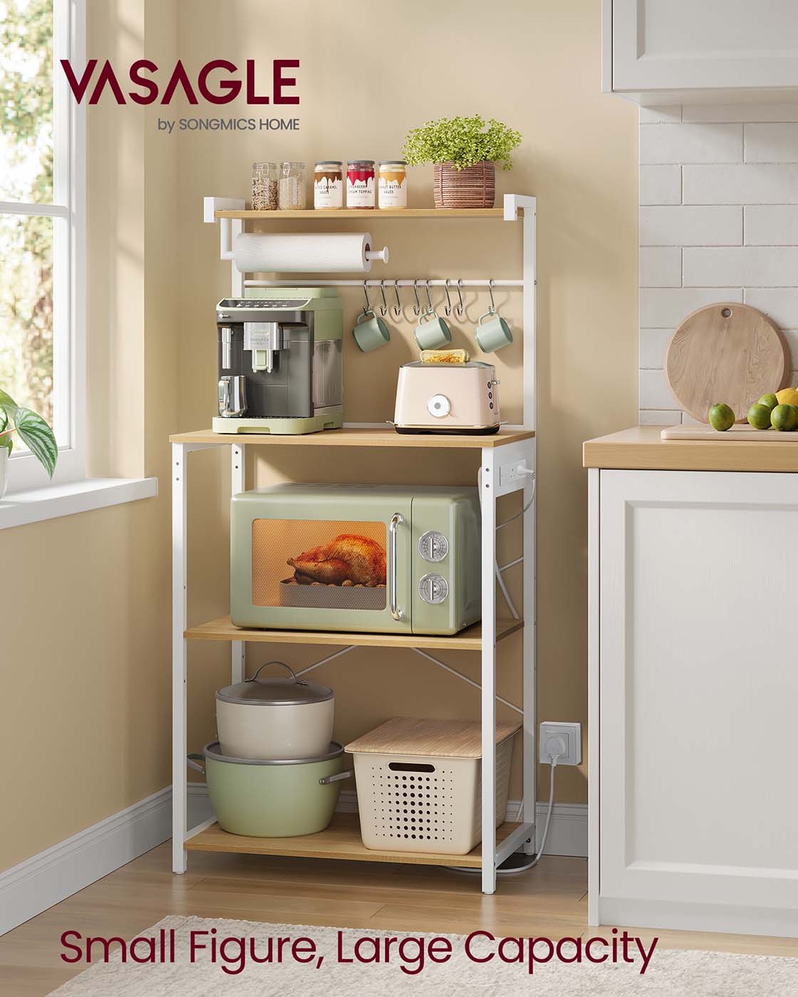 Bakers Rack - Engineered Wood - Golden Oak - 4-Tier with Power Outlet and Adjustable Shelf