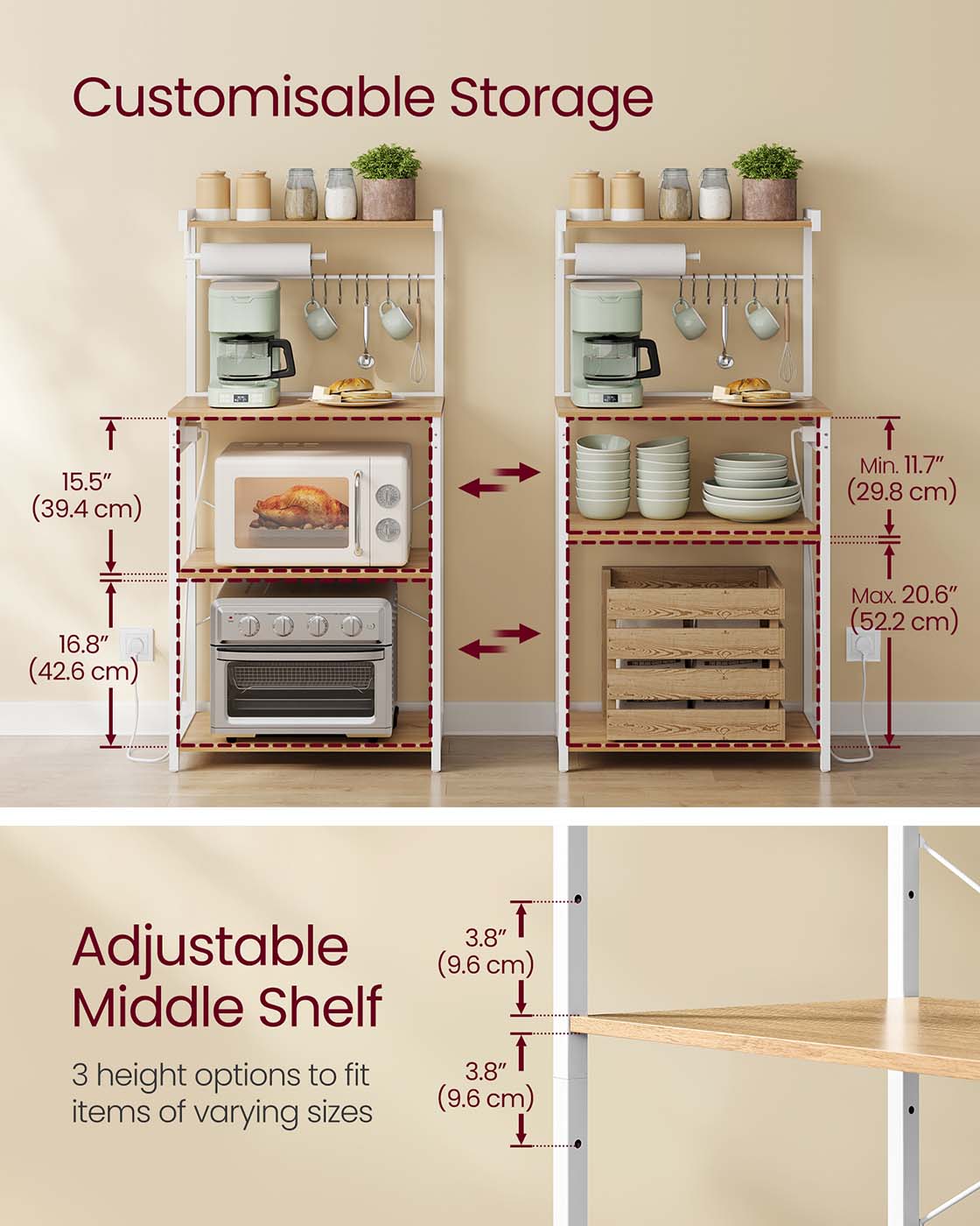 Bakers Rack - Engineered Wood - Golden Oak - 4-Tier with Power Outlet and Adjustable Shelf