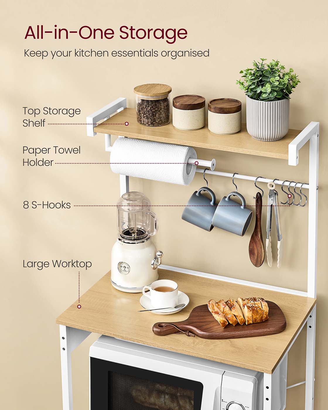 Bakers Rack - Engineered Wood - Golden Oak - 4-Tier with Power Outlet and Adjustable Shelf