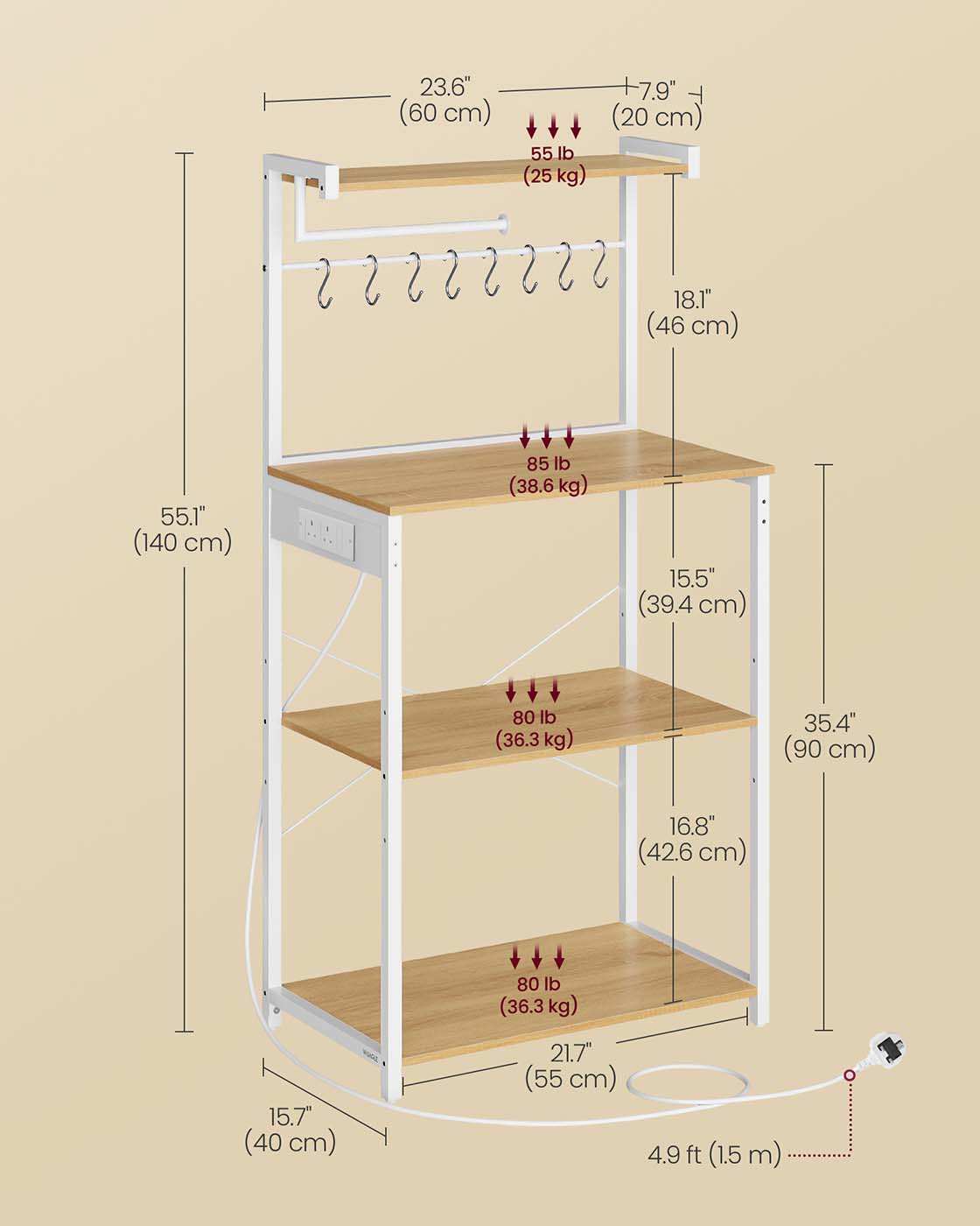 Bakers Rack - Engineered Wood - Golden Oak - 4-Tier with Power Outlet and Adjustable Shelf