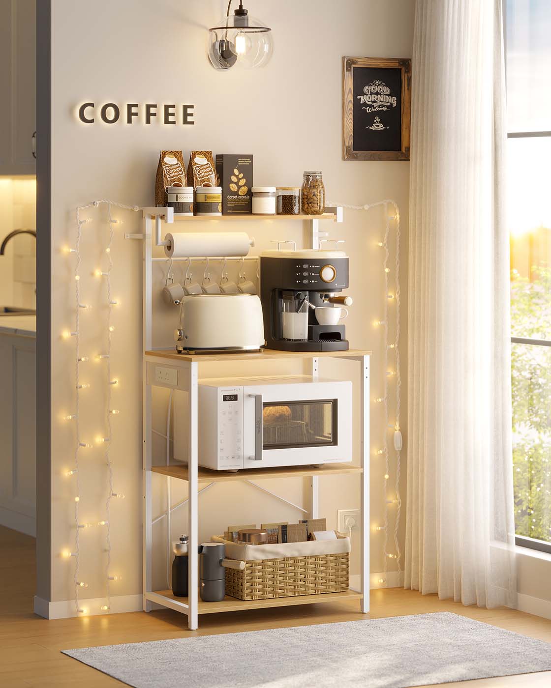 Bakers Rack - Engineered Wood - Golden Oak - 4-Tier with Power Outlet and Adjustable Shelf