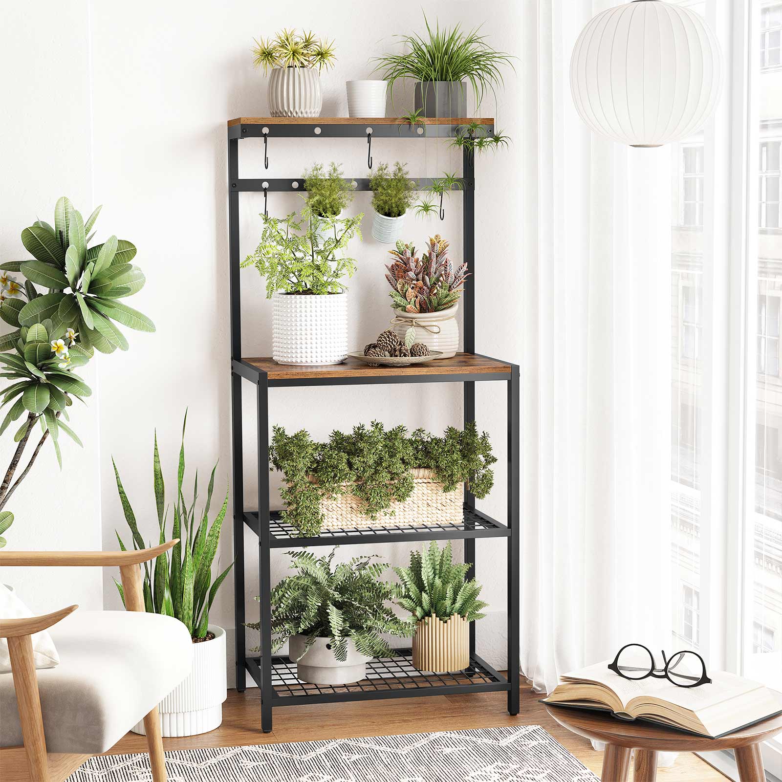 Kitchen Baker's Rack - Metal - Rustic Brown and Black - Storage Shelves with Hooks