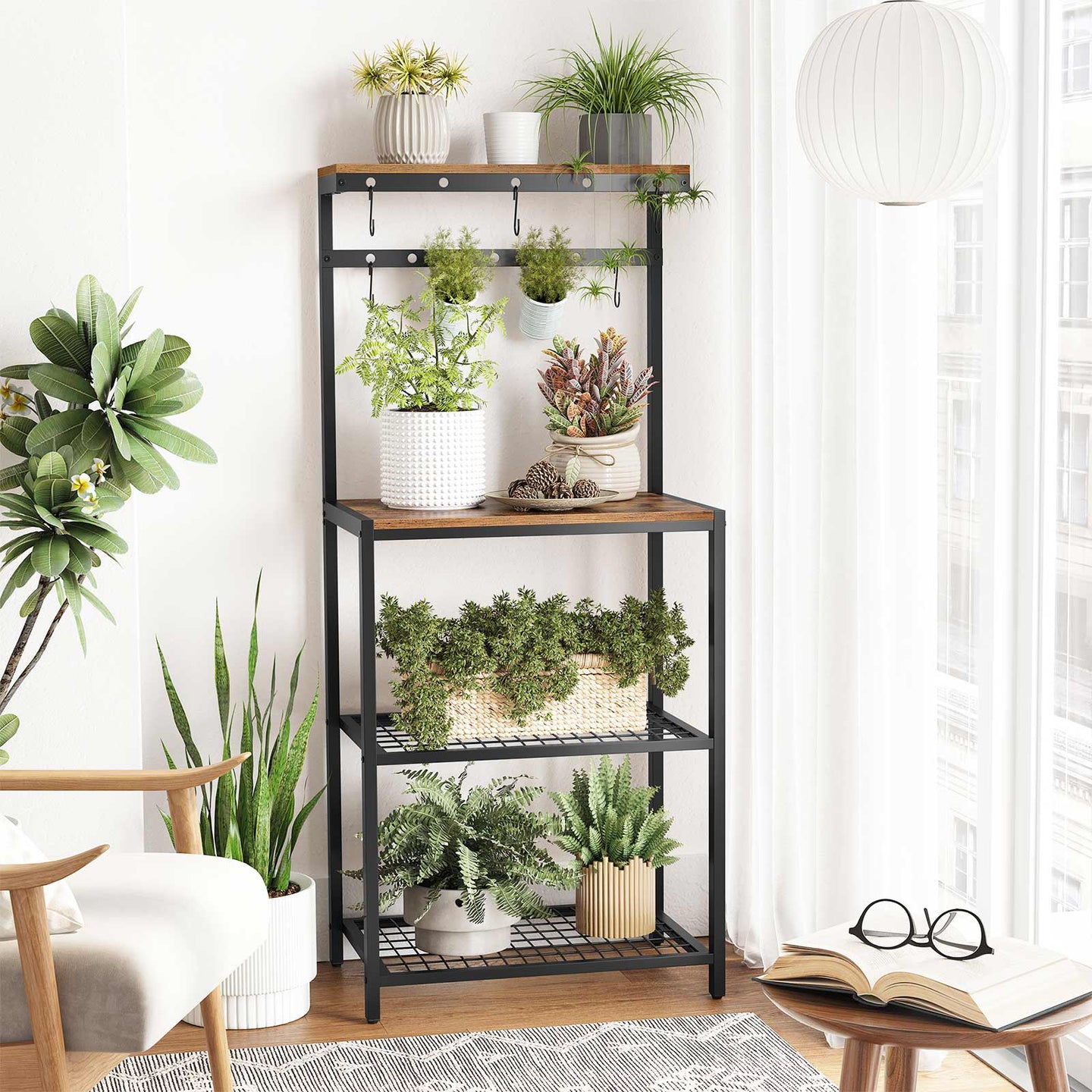Kitchen Baker's Rack - Metal - Rustic Brown and Black - Storage Shelves with Hooks