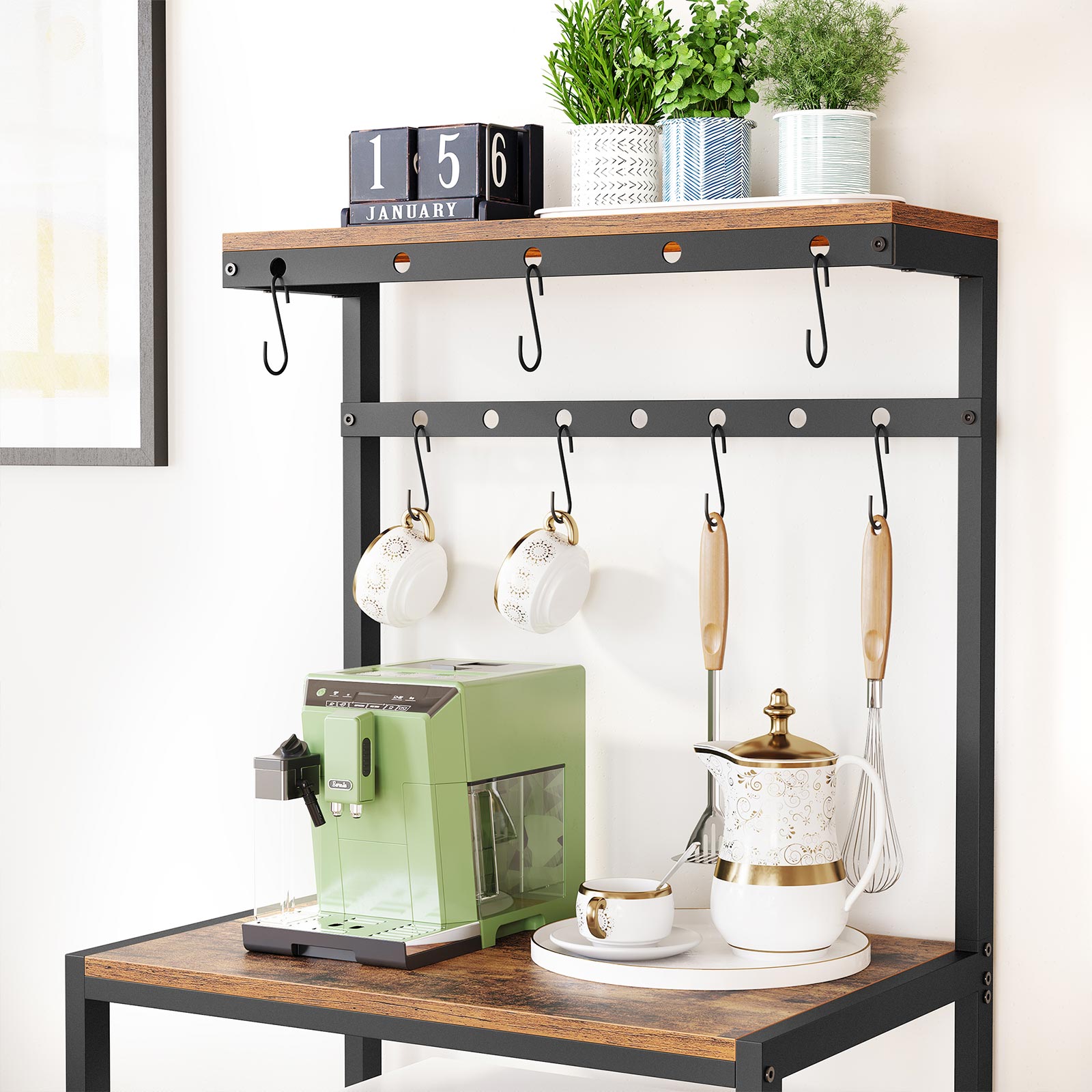 Kitchen Baker's Rack - Metal - Rustic Brown and Black - Storage Shelves with Hooks