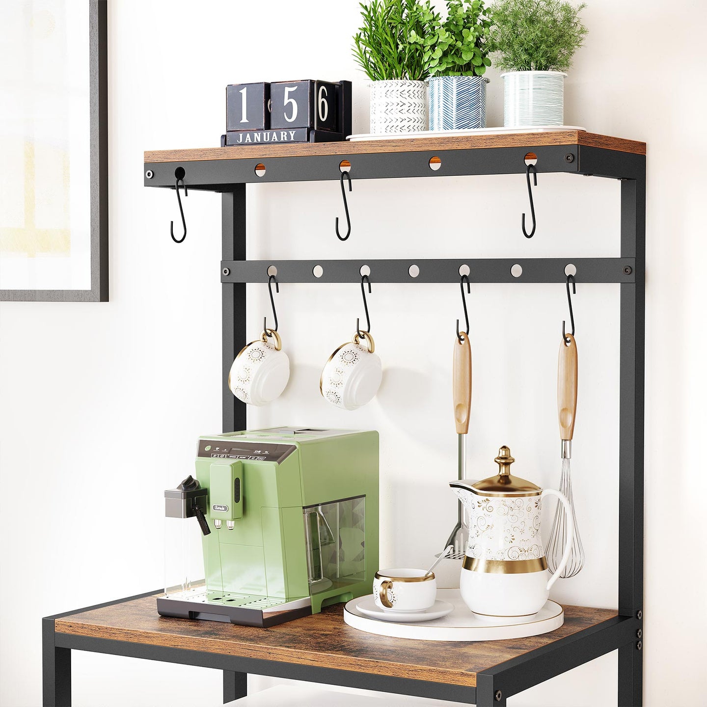 Kitchen Baker's Rack - Metal - Rustic Brown and Black - Storage Shelves with Hooks