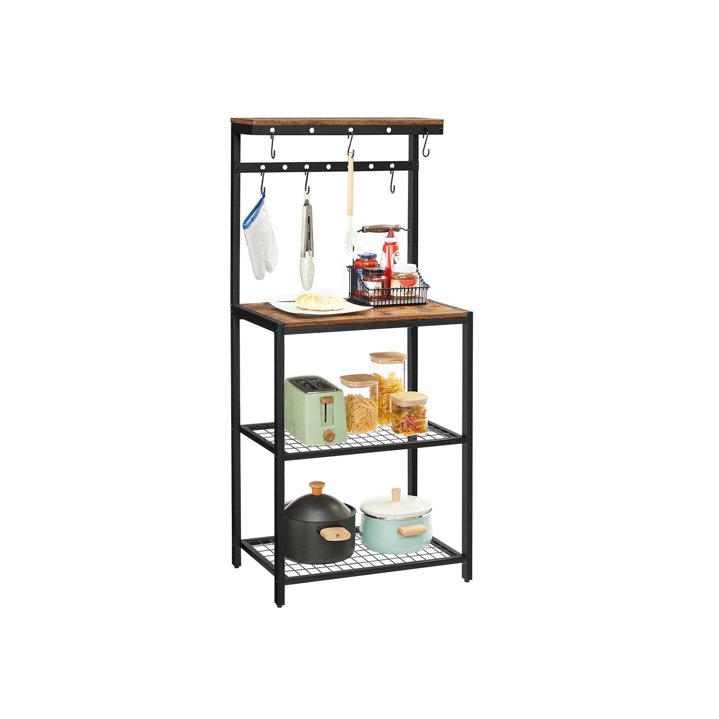 Kitchen Baker's Rack - Metal - Rustic Brown and Black - Storage Shelves with Hooks