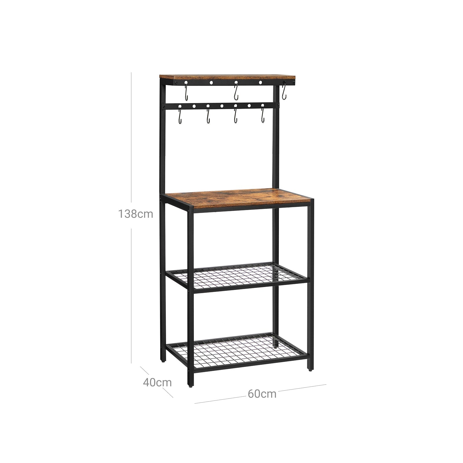 Kitchen Baker's Rack - Metal - Rustic Brown and Black - Storage Shelves with Hooks