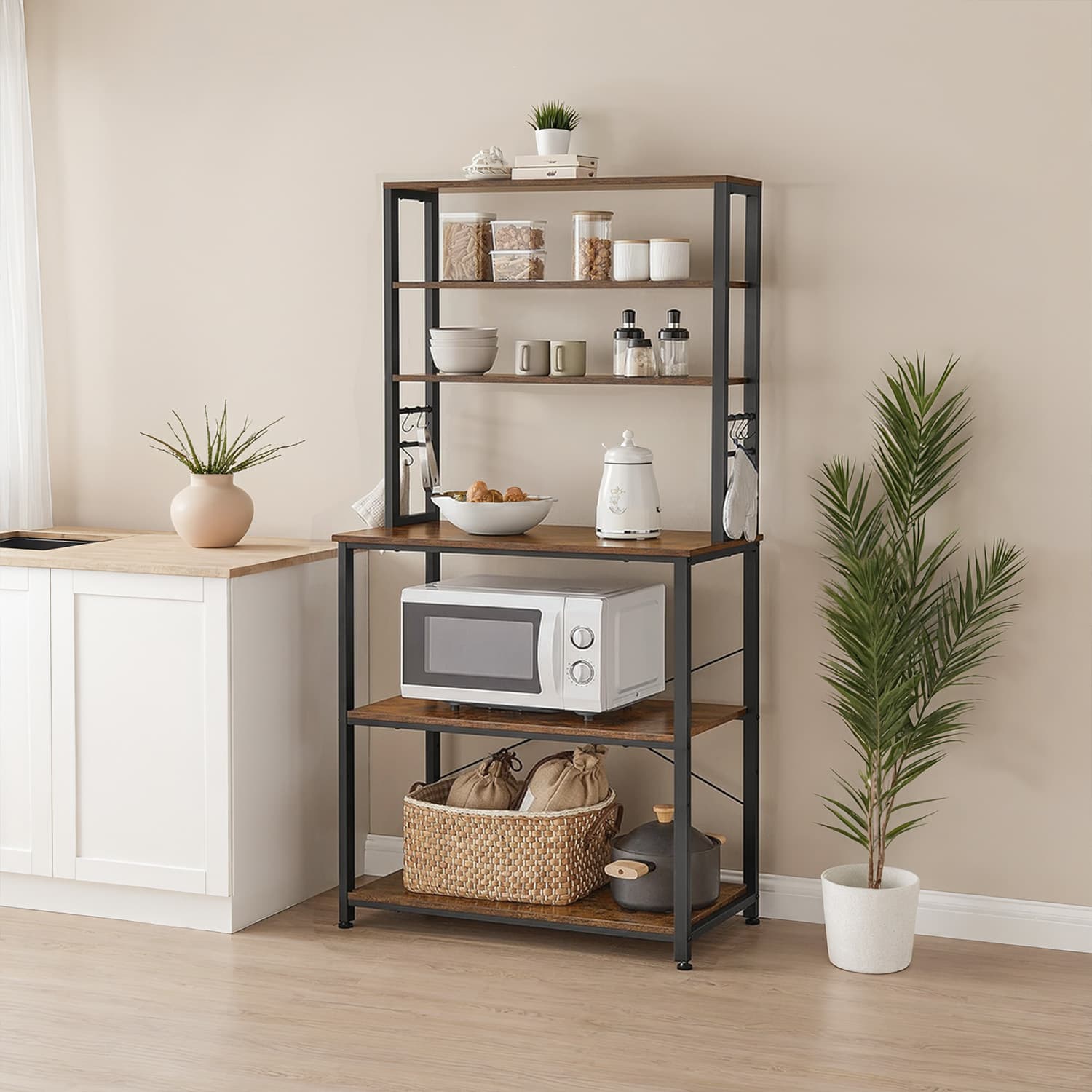 Baker's Rack - 6 Shelves with 6 Hooks - Wood - Rustic Brown and Black