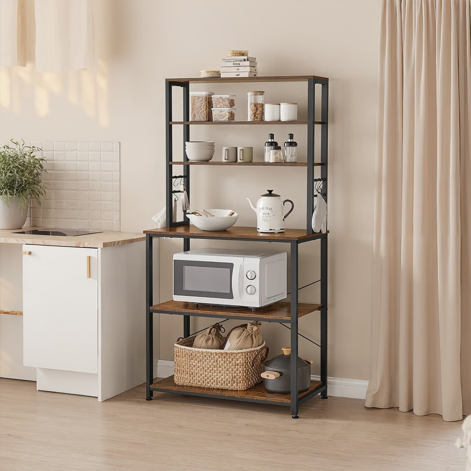 Baker's Rack - 6 Shelves with 6 Hooks - Wood - Rustic Brown and Black