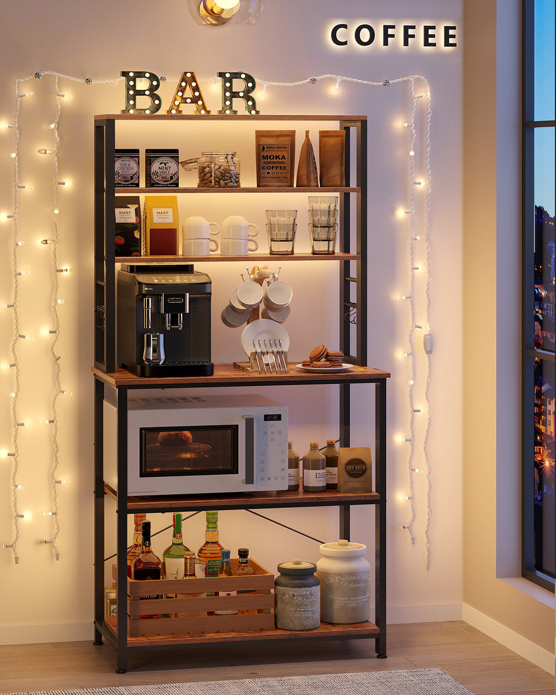 Kitchen Storage Rack - 6 Shelves and 6 Hooks - Steel - Heather Greige