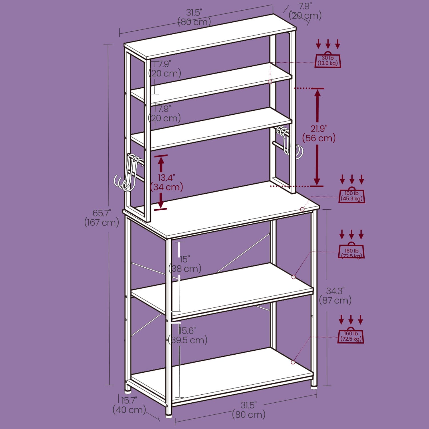 Baker's Rack - 6 Shelves with 6 Hooks - Wood - Rustic Brown and Black