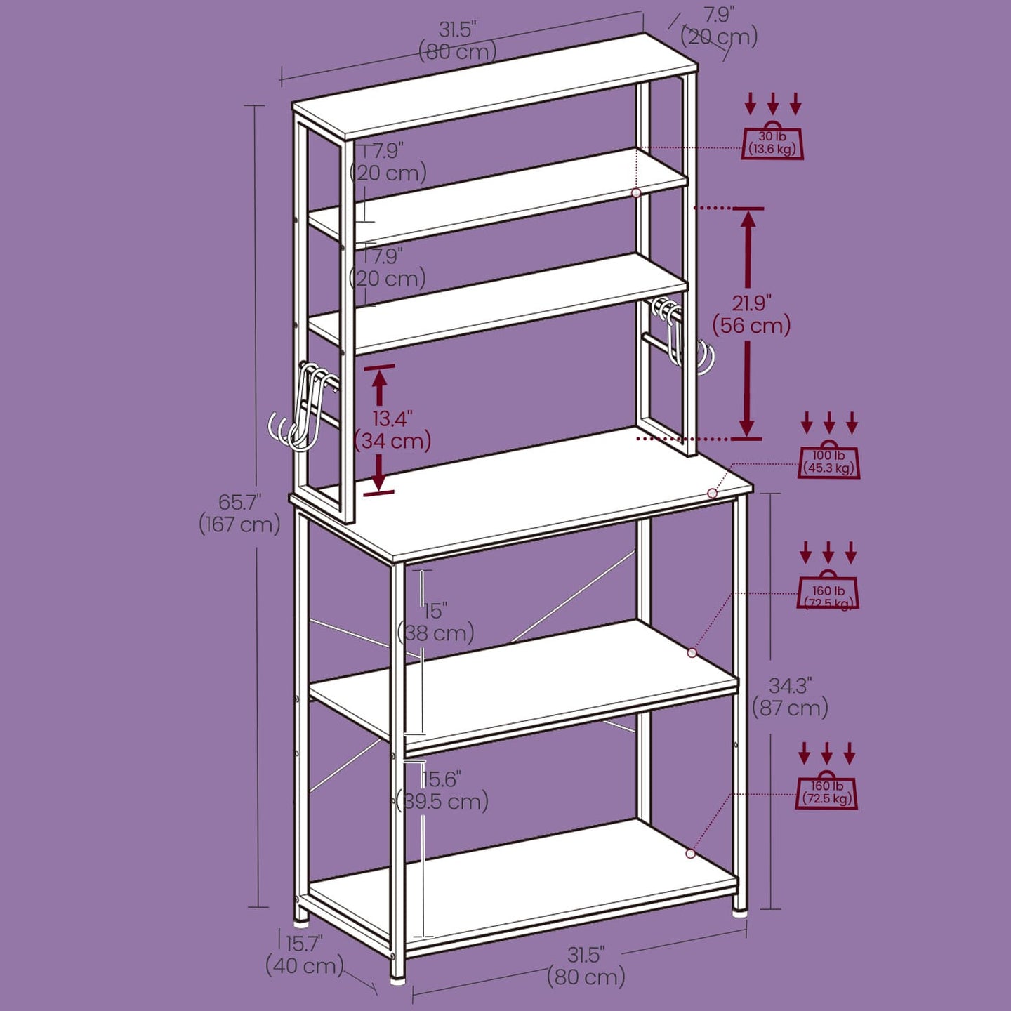 Baker's Rack - 6 Shelves with 6 Hooks - Wood - Rustic Brown and Black