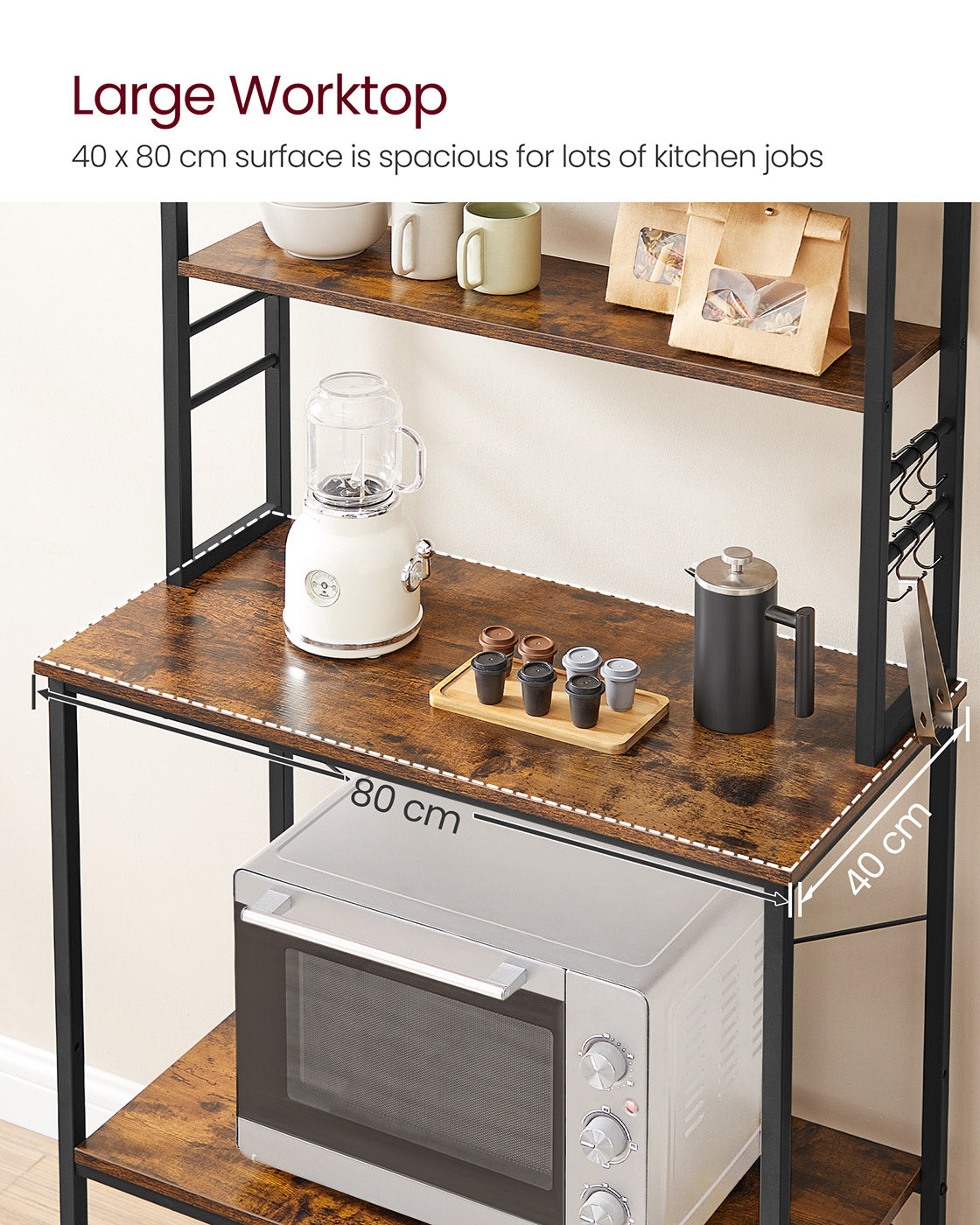 Kitchen Storage Rack - 6 Shelves and 6 Hooks - Steel - Heather Greige