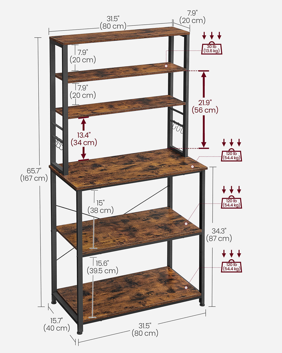 Kitchen Storage Rack - 6 Shelves and 6 Hooks - Steel - Heather Greige