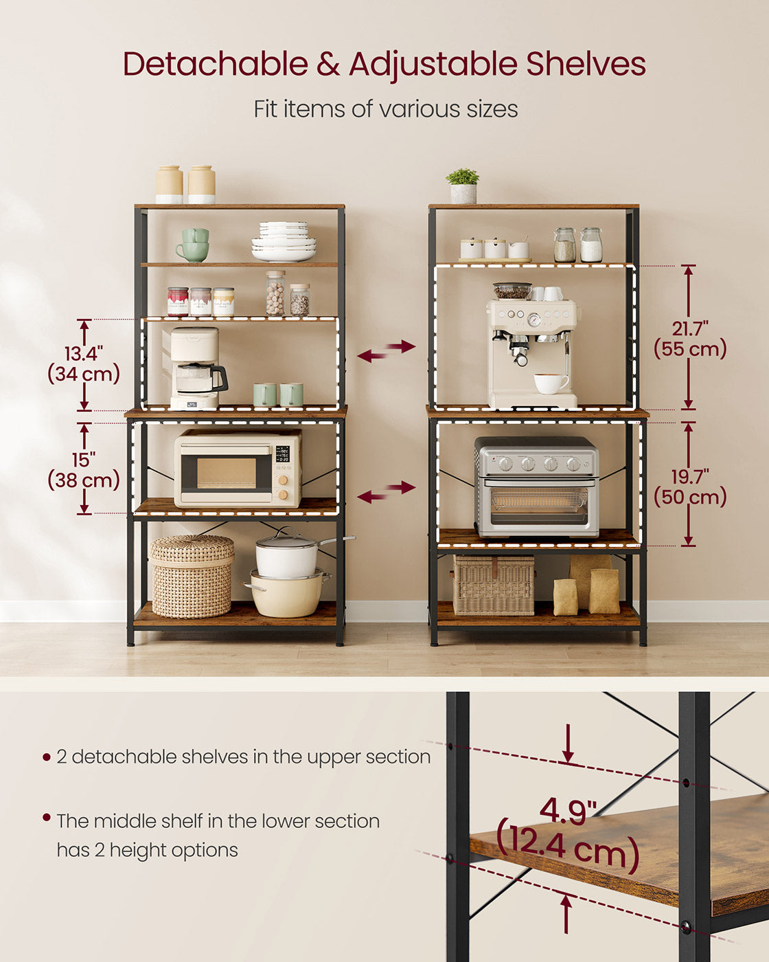Kitchen Storage Rack - 6 Shelves and 6 Hooks - Steel - Heather Greige