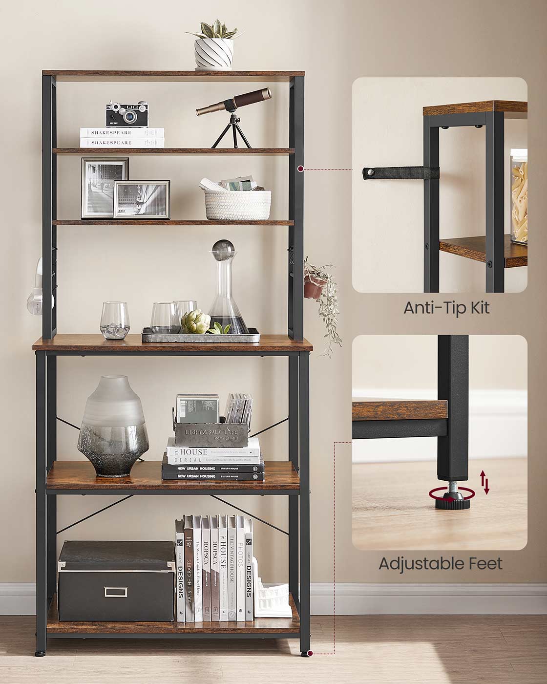 Kitchen Storage Rack - 6 Shelves and 6 Hooks - Steel - Heather Greige