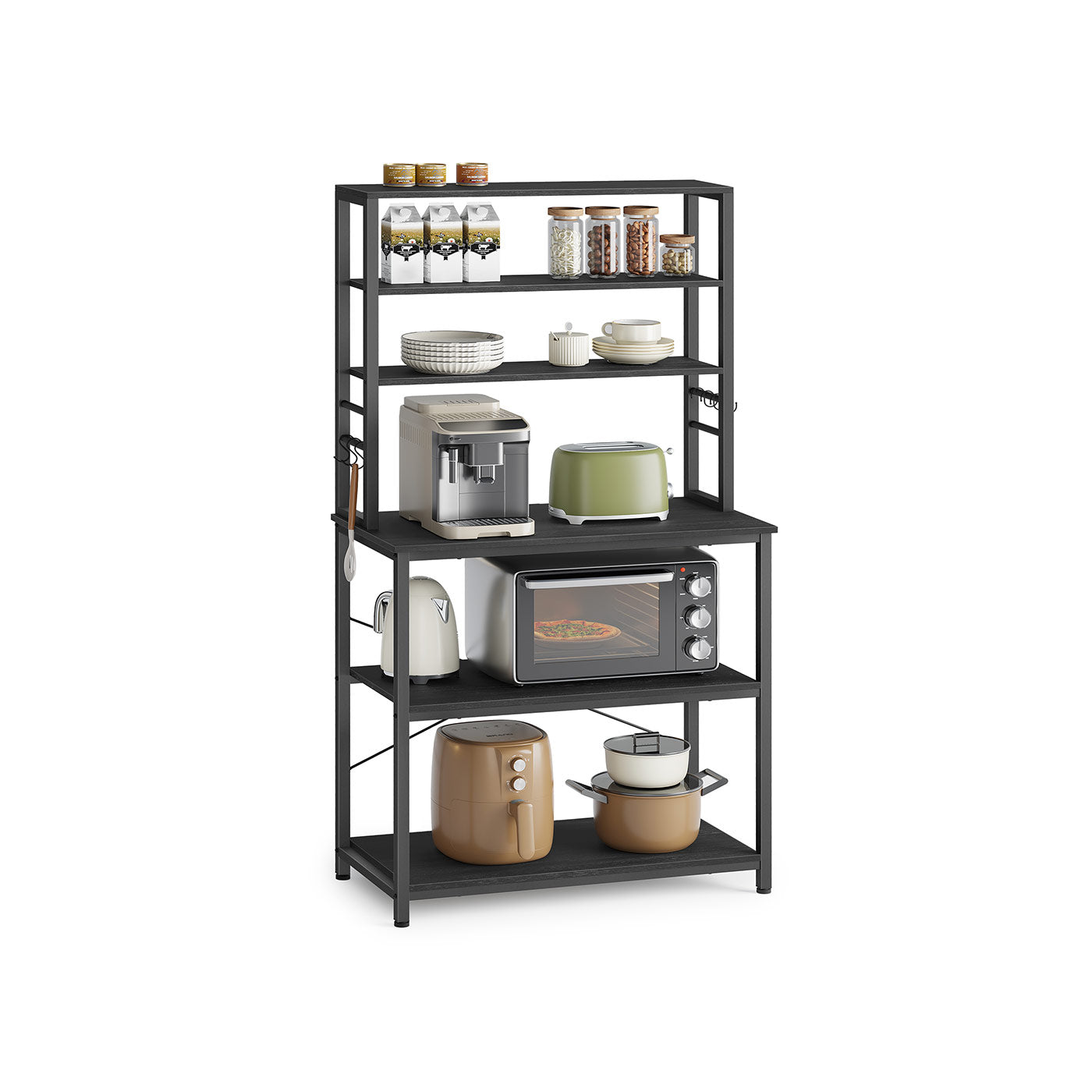Kitchen Storage Rack - 6 Shelves and 6 Hooks - Steel - Charcoal Grey