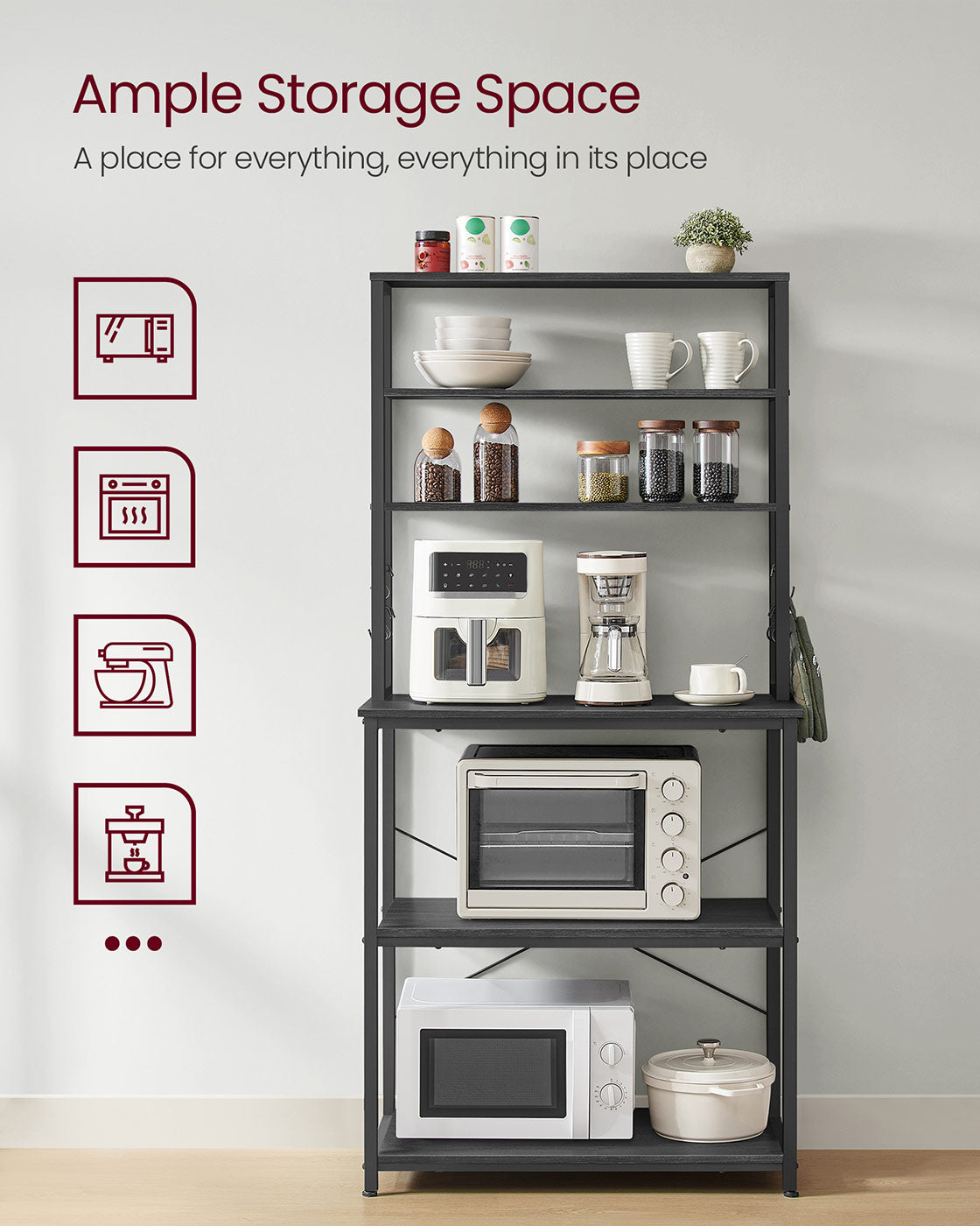 Kitchen Storage Rack - 6 Shelves and 6 Hooks - Steel - Charcoal Grey