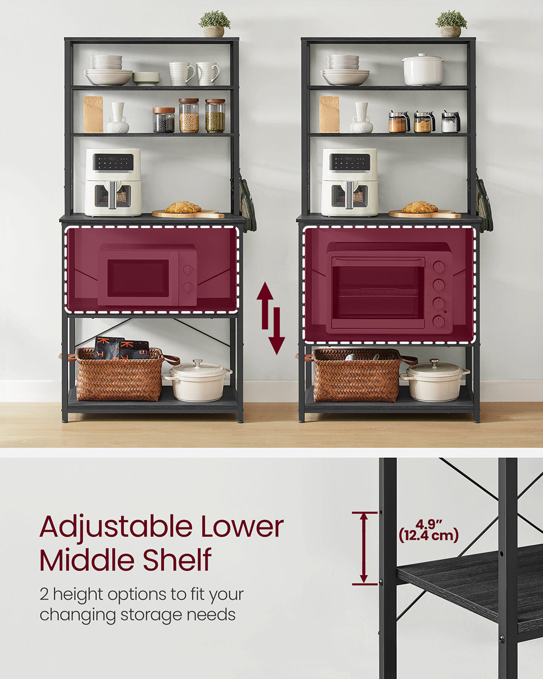 Kitchen Storage Rack - 6 Shelves and 6 Hooks - Steel - Charcoal Grey