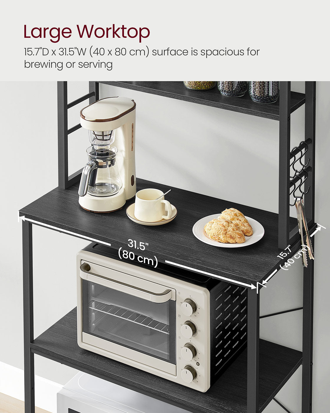 Kitchen Storage Rack - 6 Shelves and 6 Hooks - Steel - Charcoal Grey