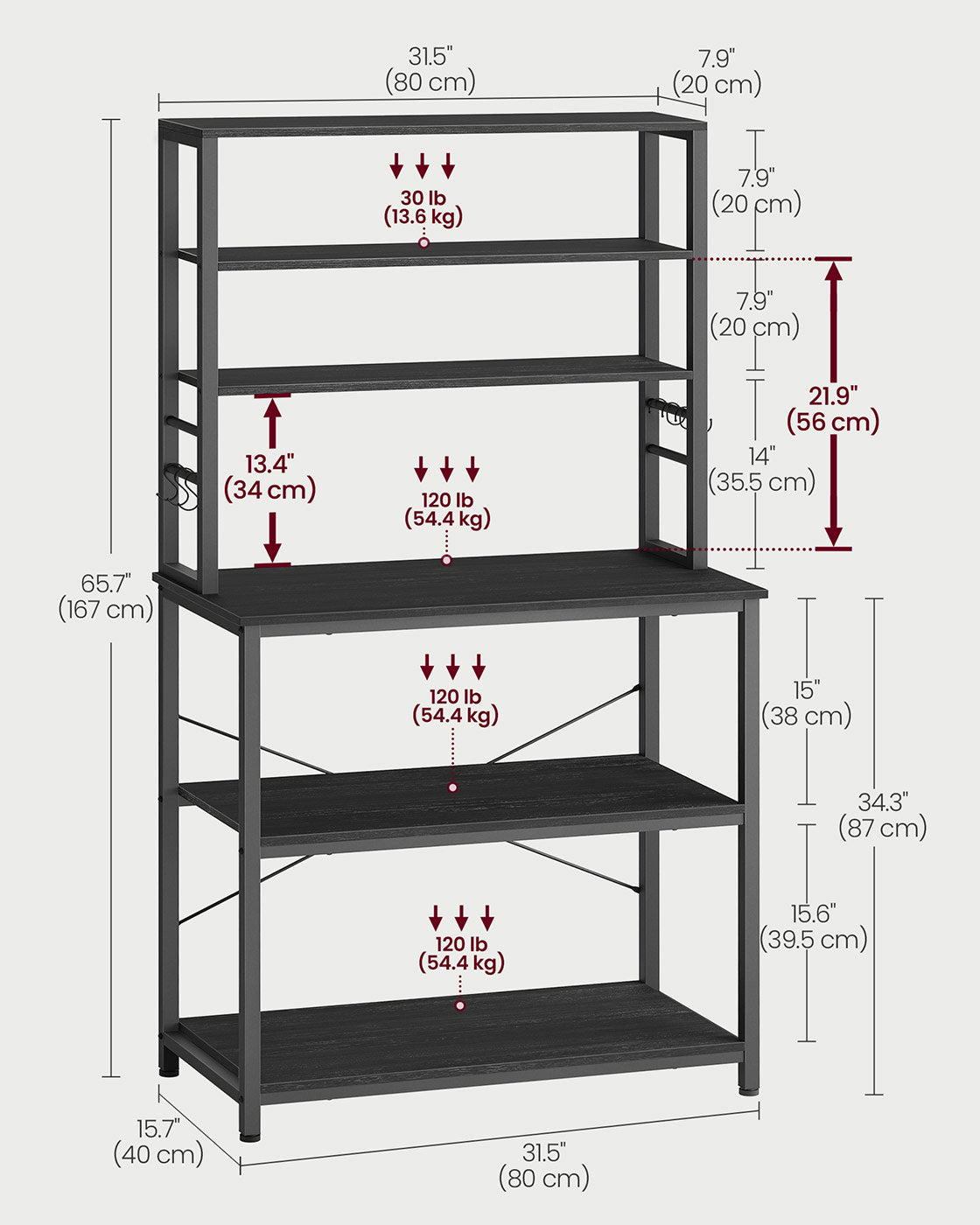 Kitchen Storage Rack - 6 Shelves and 6 Hooks - Steel - Charcoal Grey