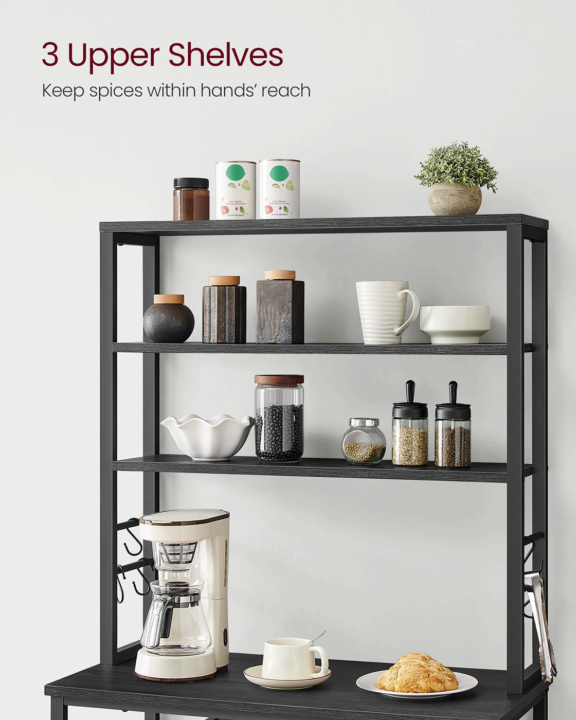 Kitchen Storage Rack - 6 Shelves and 6 Hooks - Steel - Charcoal Grey