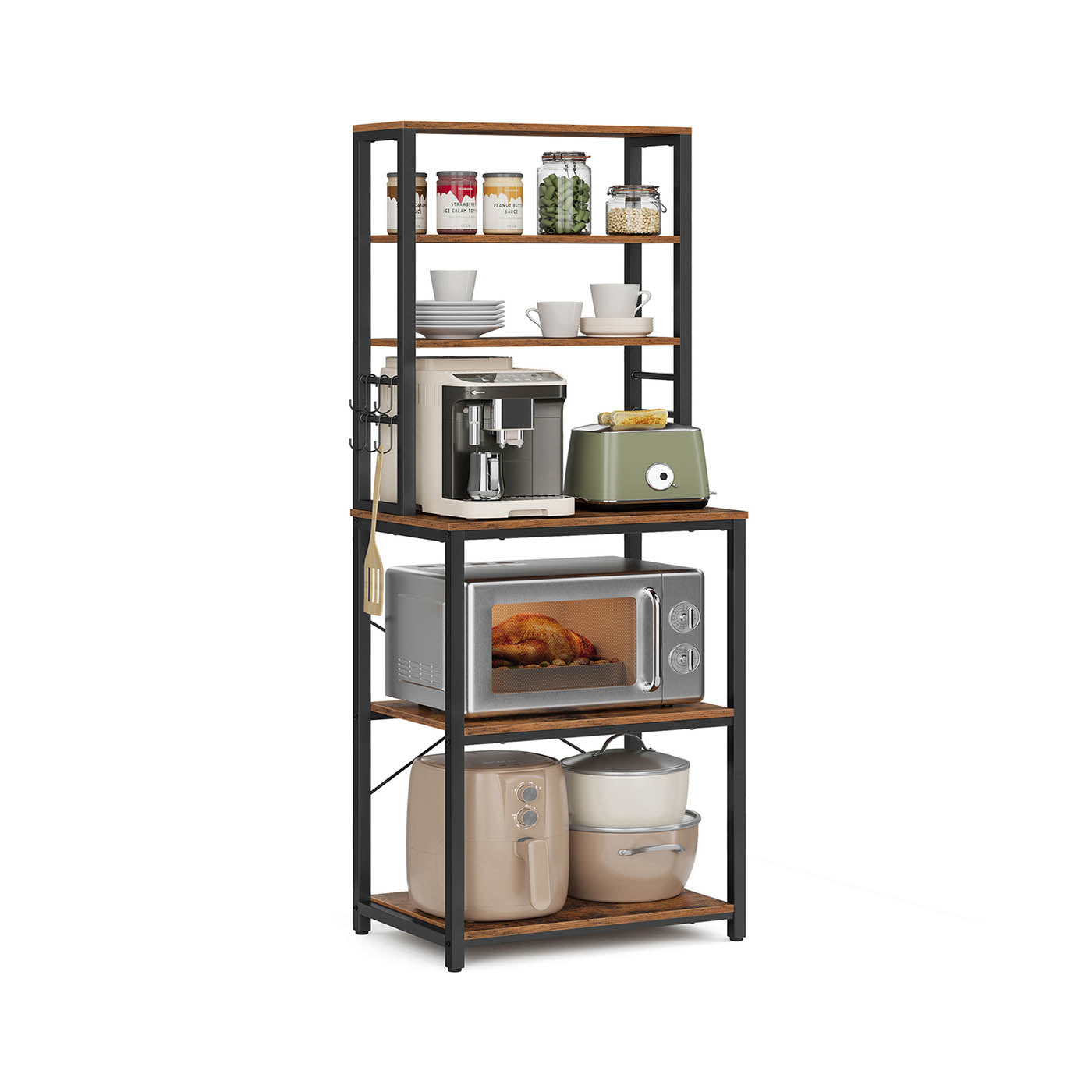 Kitchen Storage Rack - 6 Shelves and 6 Hooks - Steel - Heather Greige