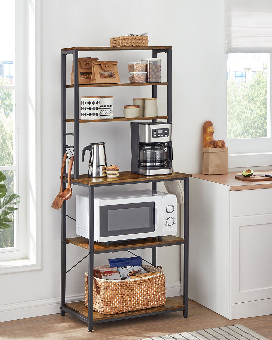 Kitchen Storage Rack - 6 Shelves and 6 Hooks - Steel - Heather Greige