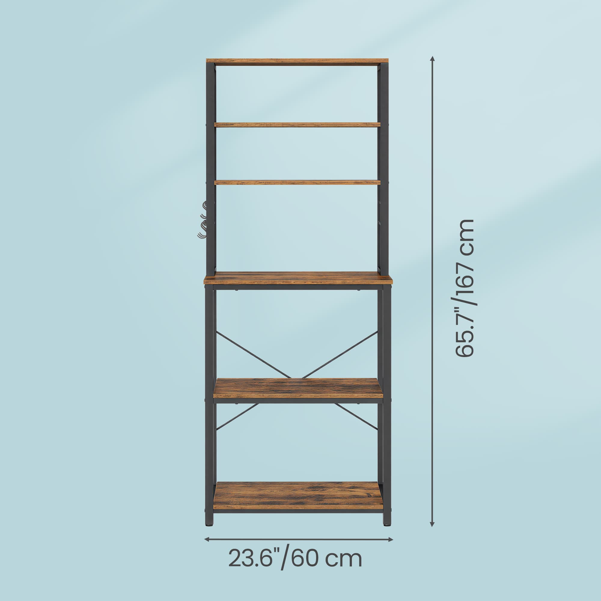 Kitchen Storage Unit - 6-Tier Design with Hooks - Metal - Rustic Brown
