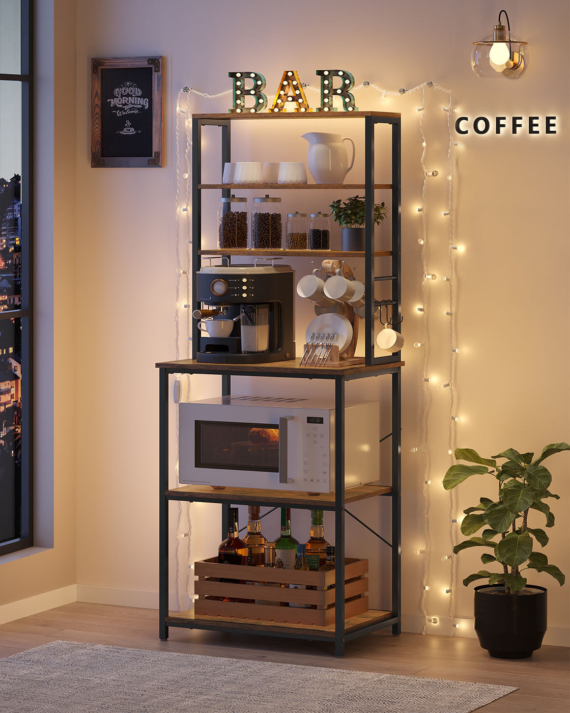 Kitchen Storage Rack - 6 Shelves and 6 Hooks - Steel - Heather Greige