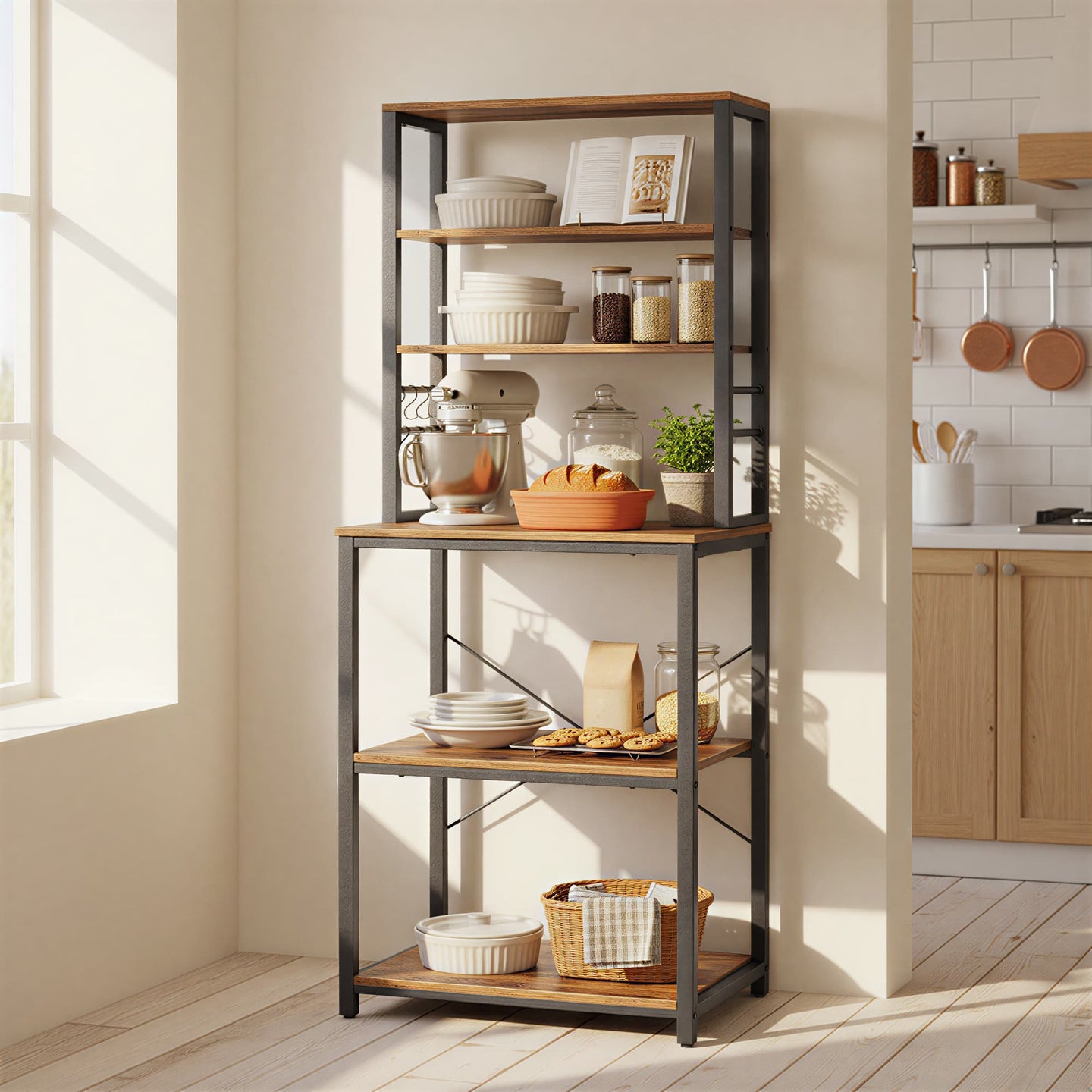 Kitchen Storage Unit - 6-Tier Design with Hooks - Metal - Rustic Brown