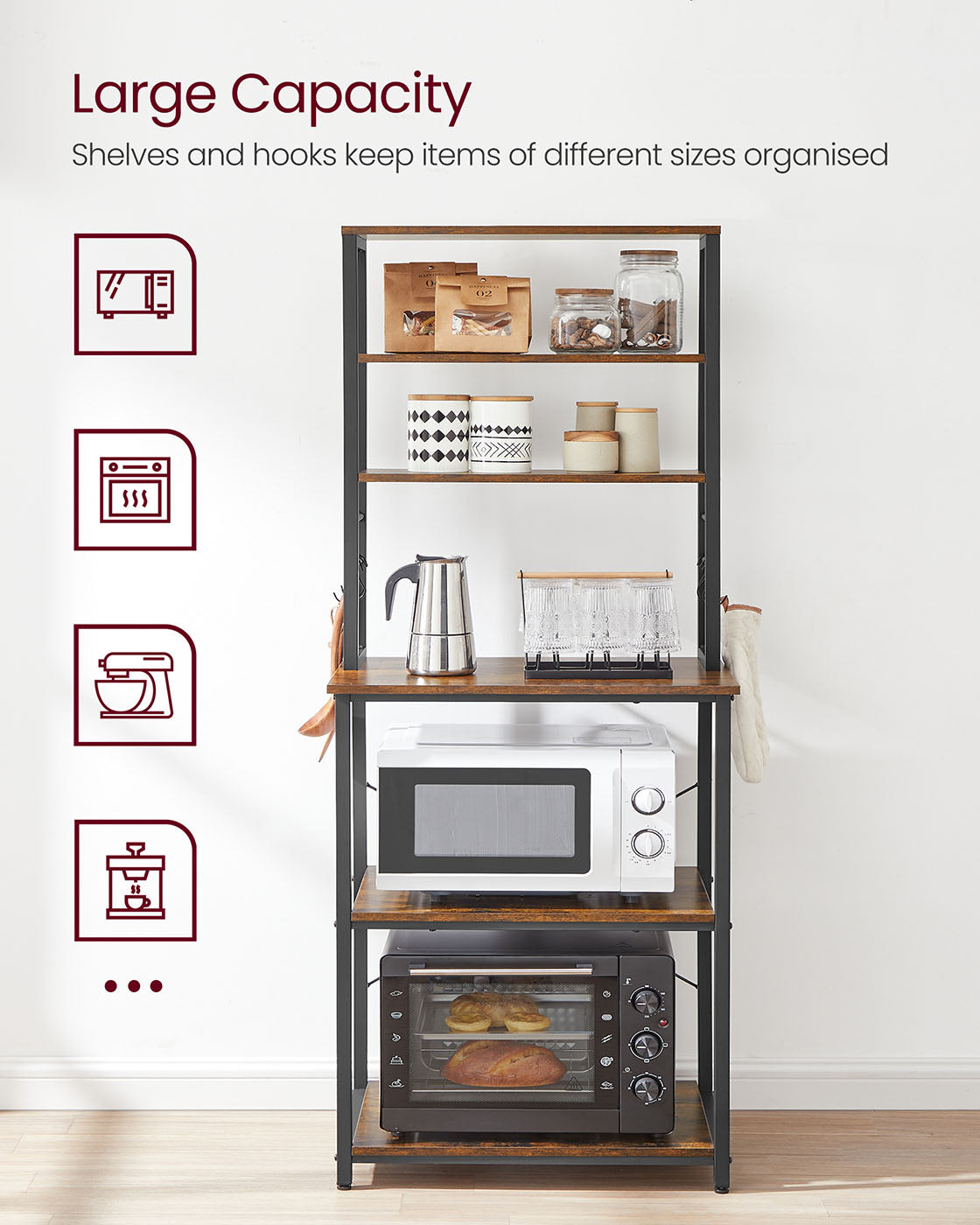 Kitchen Storage Rack - 6 Shelves and 6 Hooks - Steel - Heather Greige