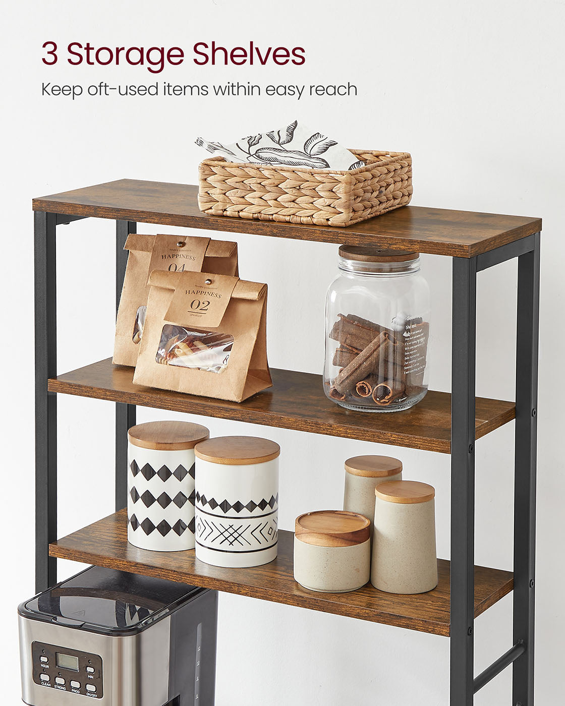 Kitchen Storage Rack - 6 Shelves and 6 Hooks - Steel - Heather Greige