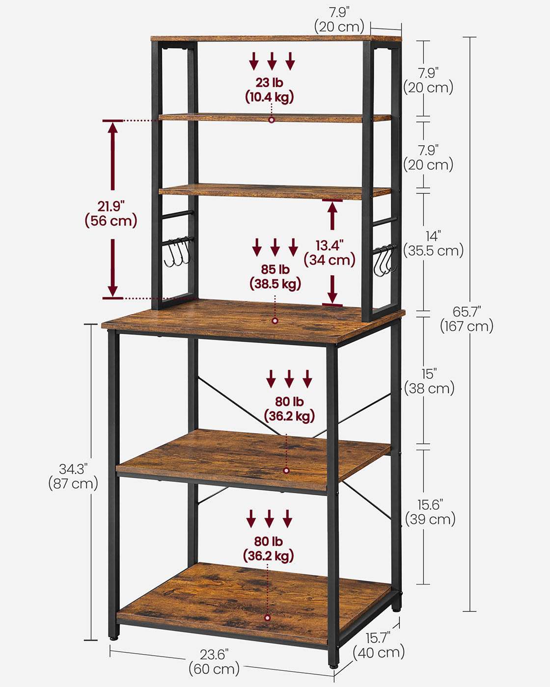 Kitchen Storage Rack - 6 Shelves and 6 Hooks - Steel - Heather Greige