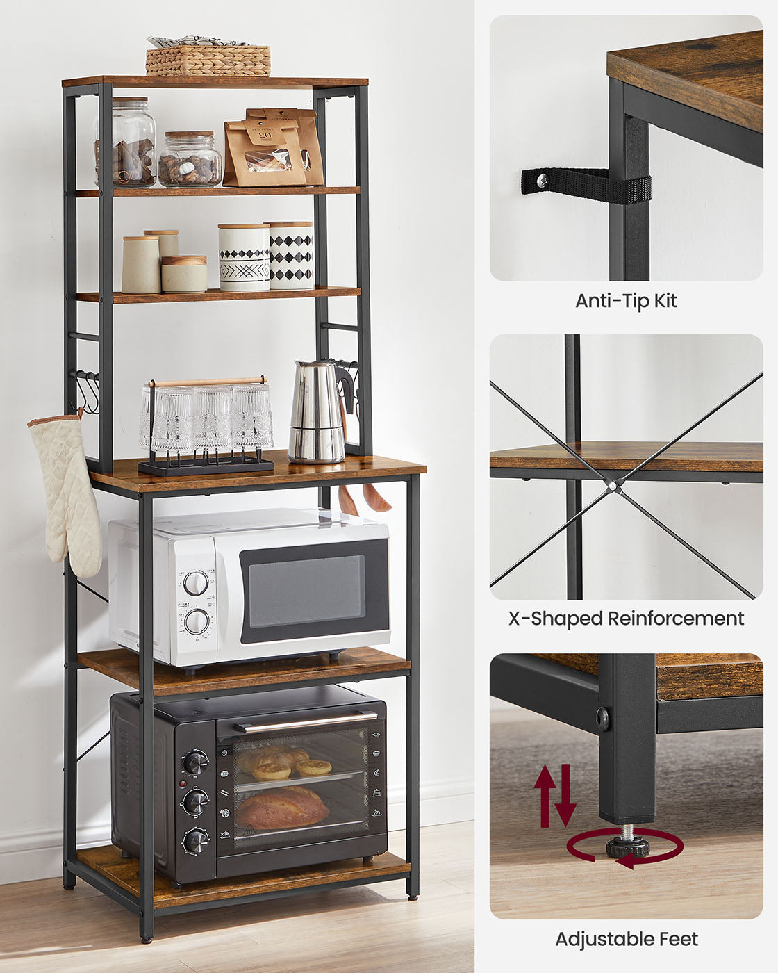 Kitchen Storage Rack - 6 Shelves and 6 Hooks - Steel - Heather Greige