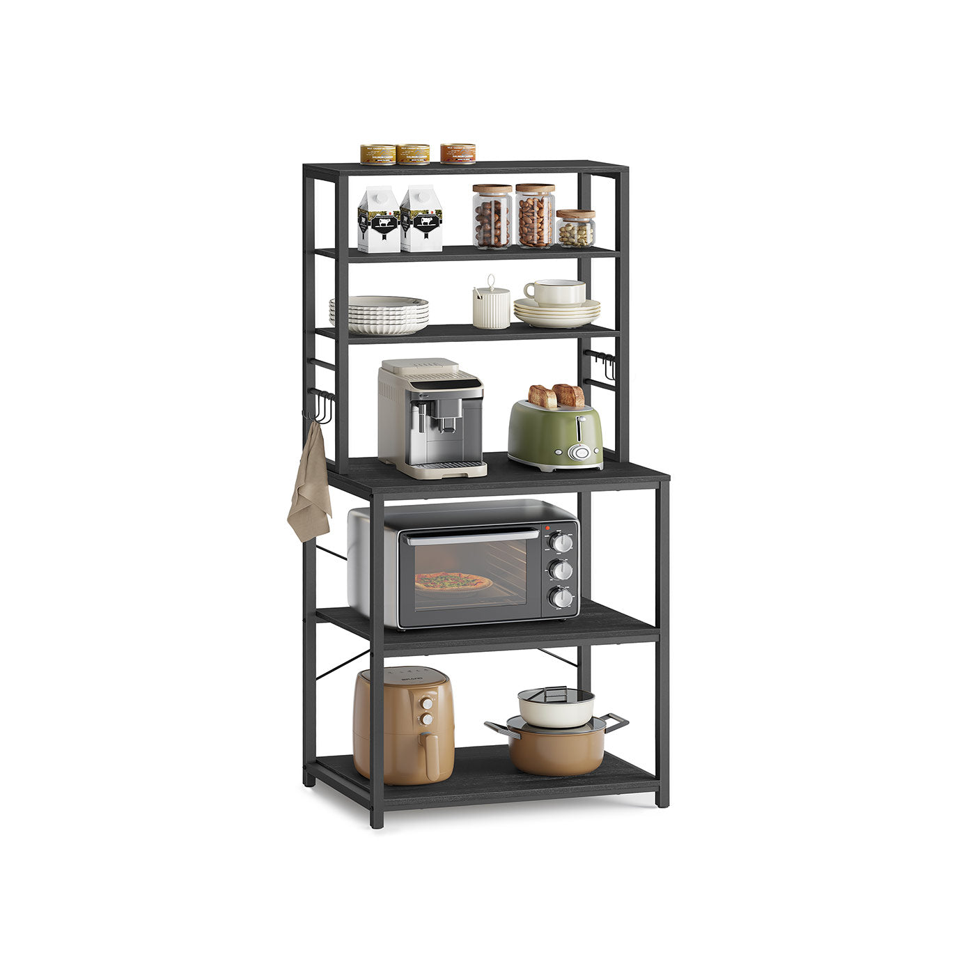 Kitchen Storage Rack - 6 Shelves and 6 Hooks - Steel - Charcoal Grey