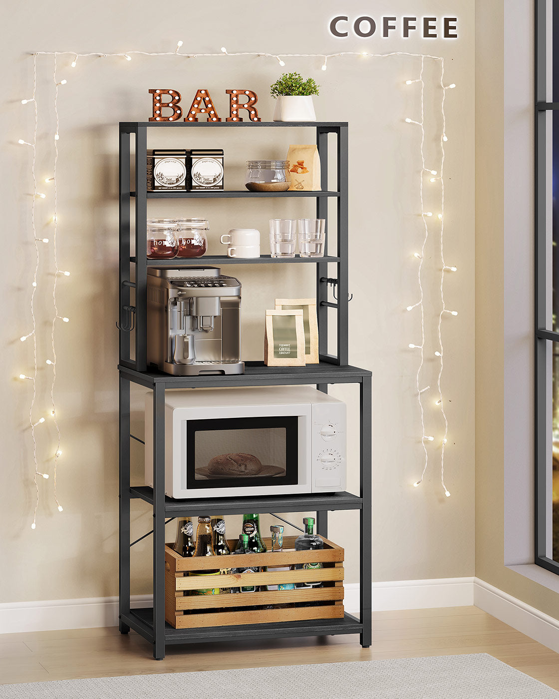 Kitchen Storage Rack - 6 Shelves and 6 Hooks - Steel - Charcoal Grey