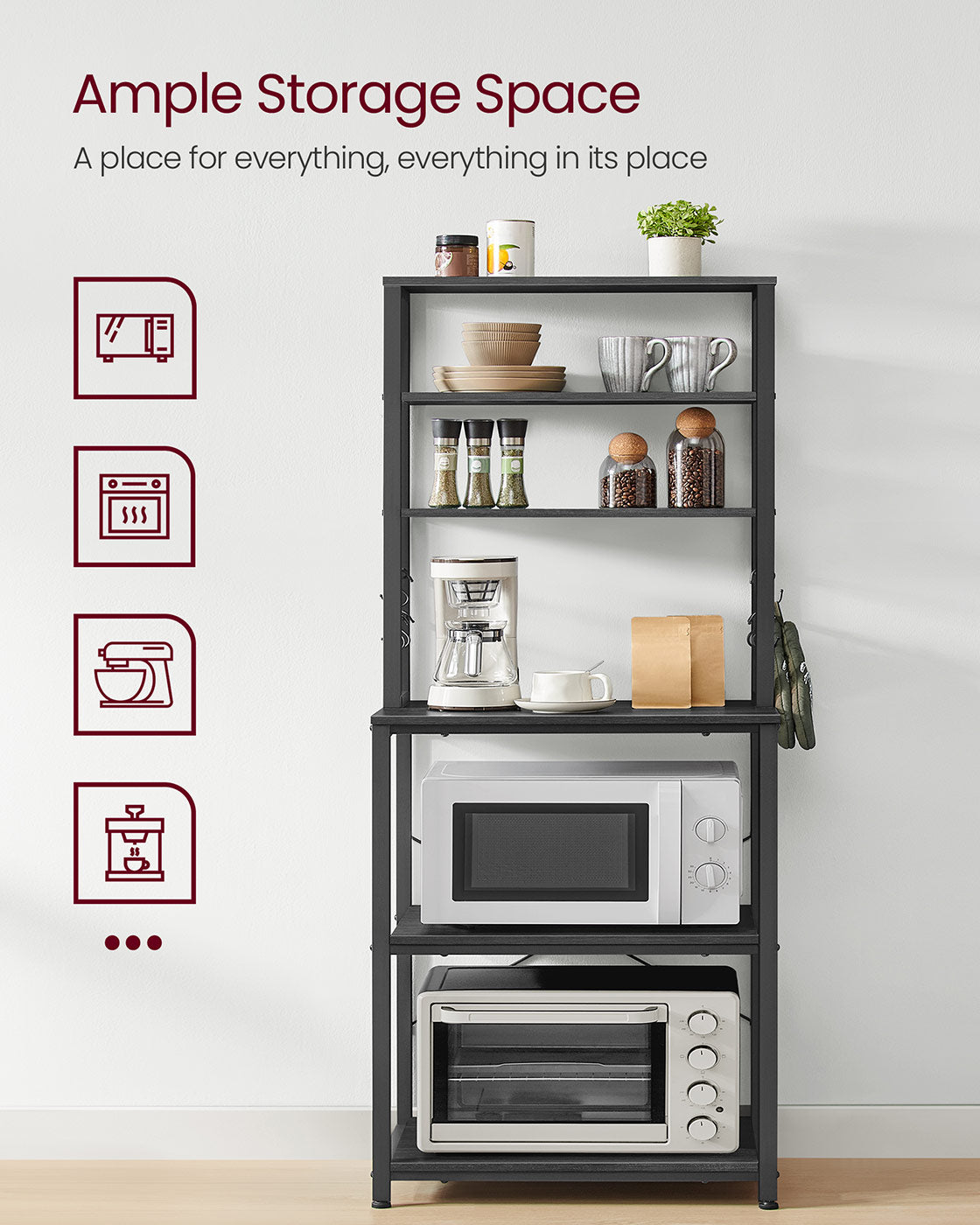 Kitchen Storage Rack - 6 Shelves and 6 Hooks - Steel - Charcoal Grey