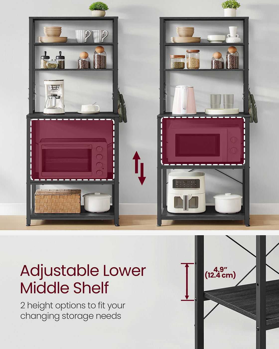 Kitchen Storage Rack - 6 Shelves and 6 Hooks - Steel - Charcoal Grey
