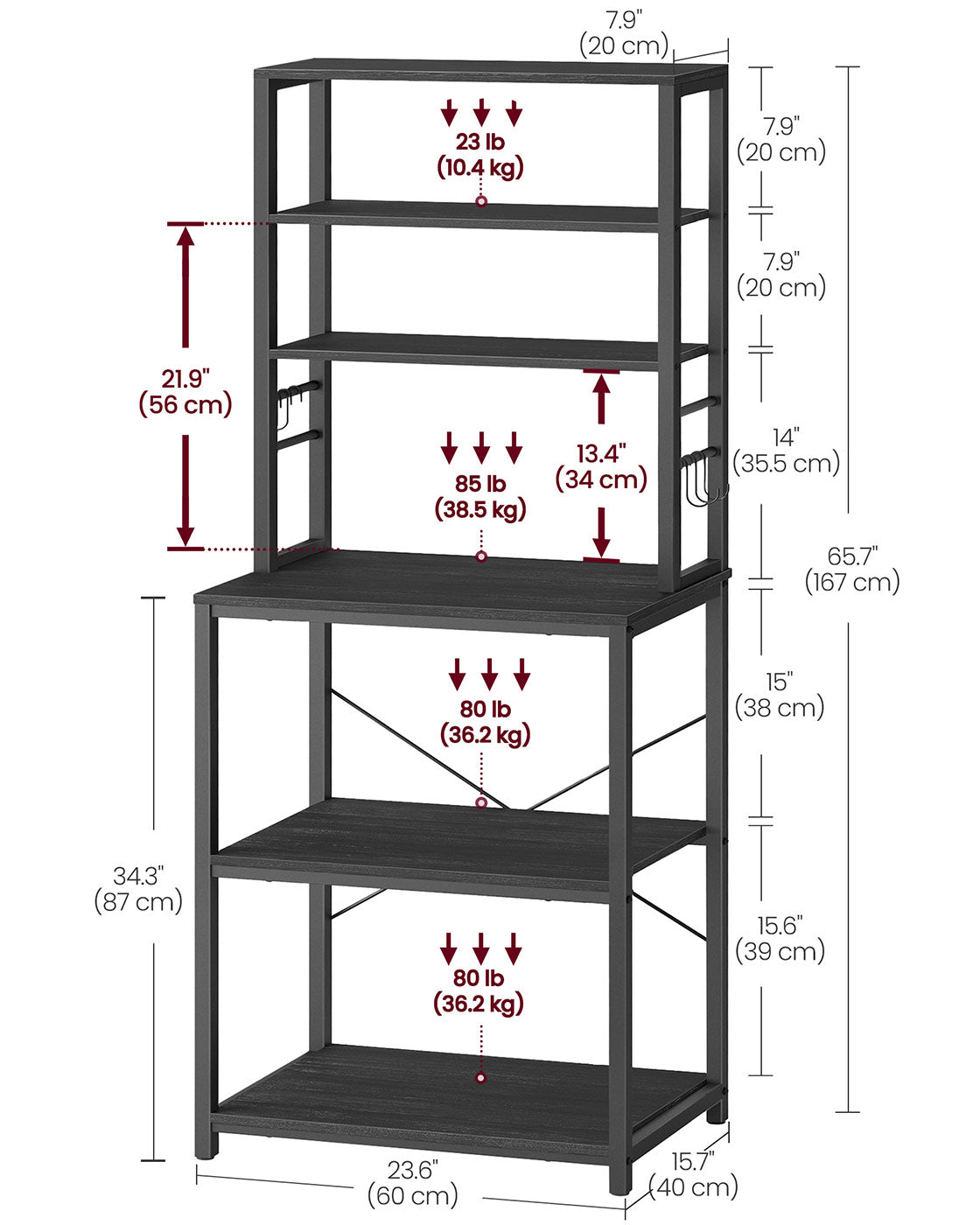 Kitchen Storage Rack - 6 Shelves and 6 Hooks - Steel - Charcoal Grey