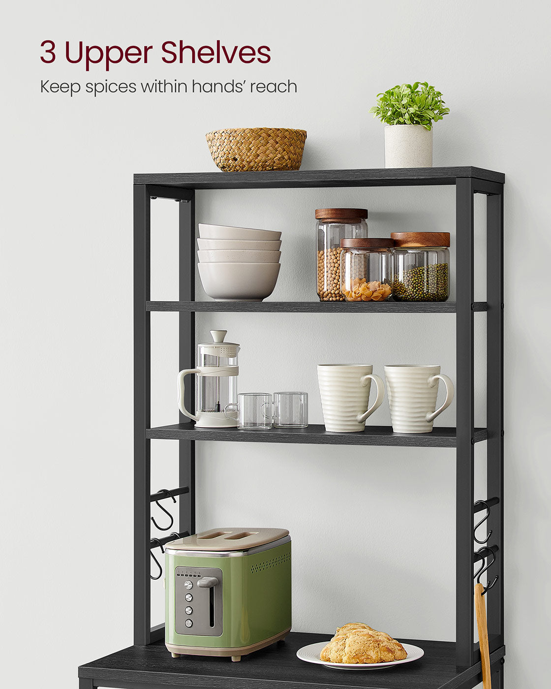 Kitchen Storage Rack - 6 Shelves and 6 Hooks - Steel - Charcoal Grey