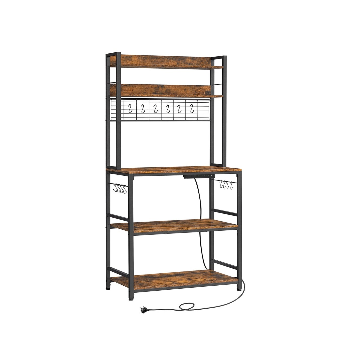 Kitchen Storage Rack - Steel - Rustic Brown - Featuring Power Outlet and 14 Hooks