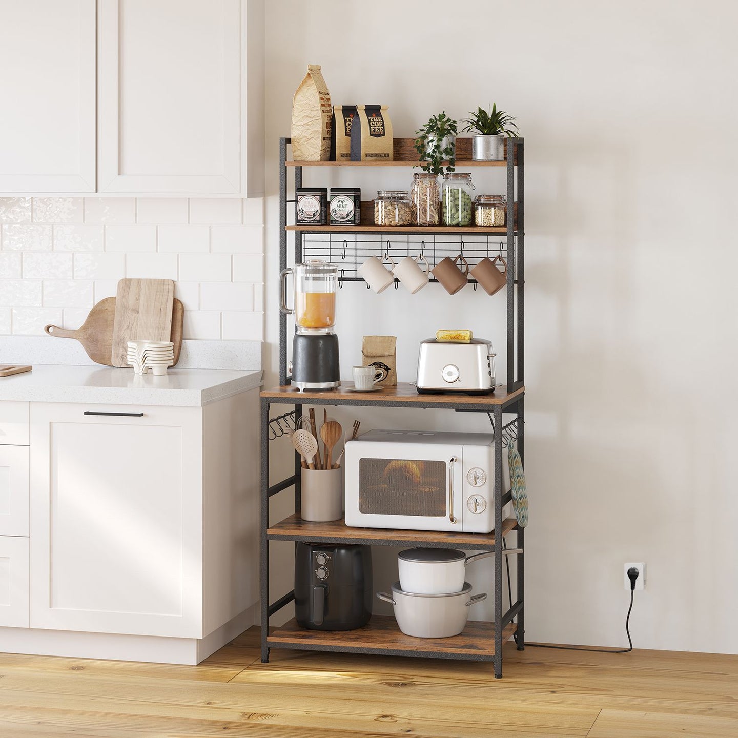 Kitchen Storage Rack - Steel - Rustic Brown - Featuring Power Outlet and 14 Hooks