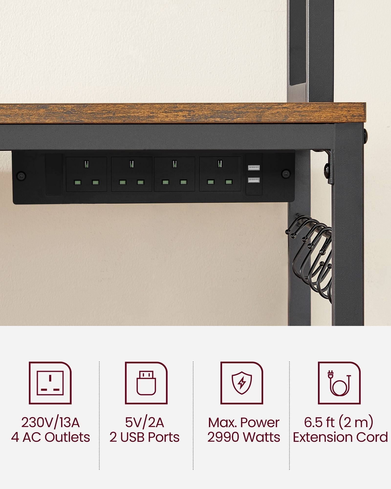 Kitchen Storage Rack - Steel - Rustic Brown - Featuring Power Outlet and 14 Hooks