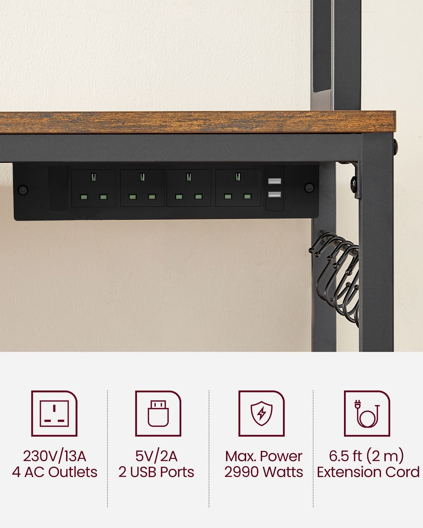 Kitchen Storage Rack - Steel - Rustic Brown - Featuring Power Outlet and 14 Hooks