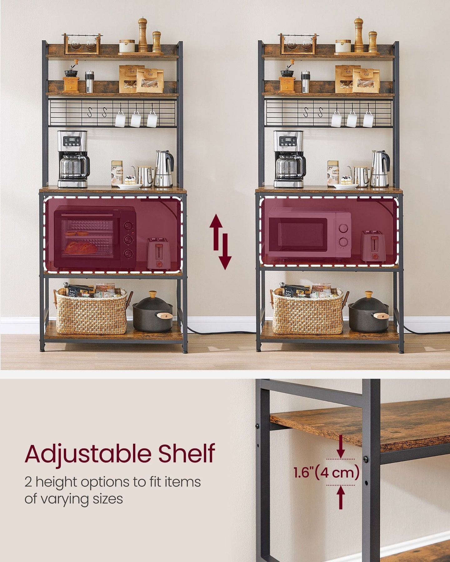Kitchen Storage Rack - Steel - Rustic Brown - Featuring Power Outlet and 14 Hooks