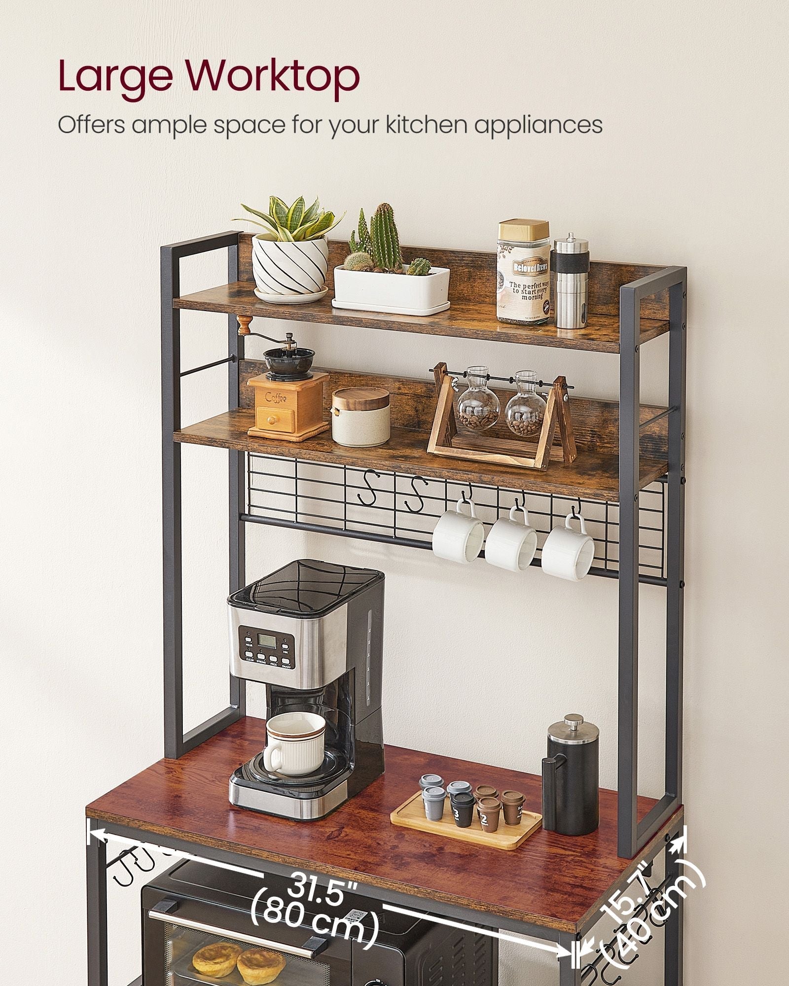 Kitchen Storage Rack - Steel - Rustic Brown - Featuring Power Outlet and 14 Hooks