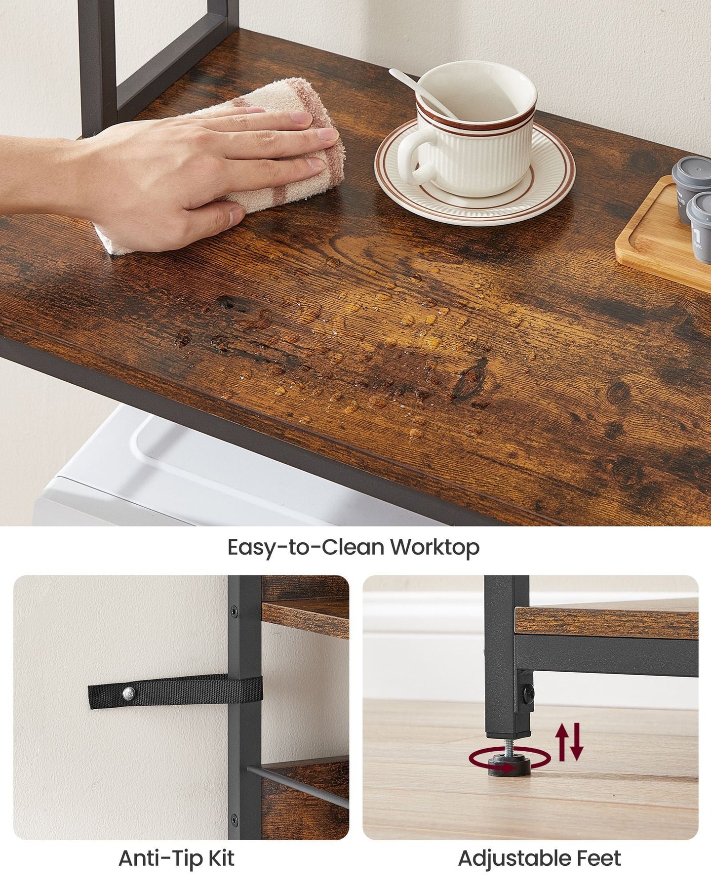 Kitchen Storage Rack - Steel - Rustic Brown - Featuring Power Outlet and 14 Hooks