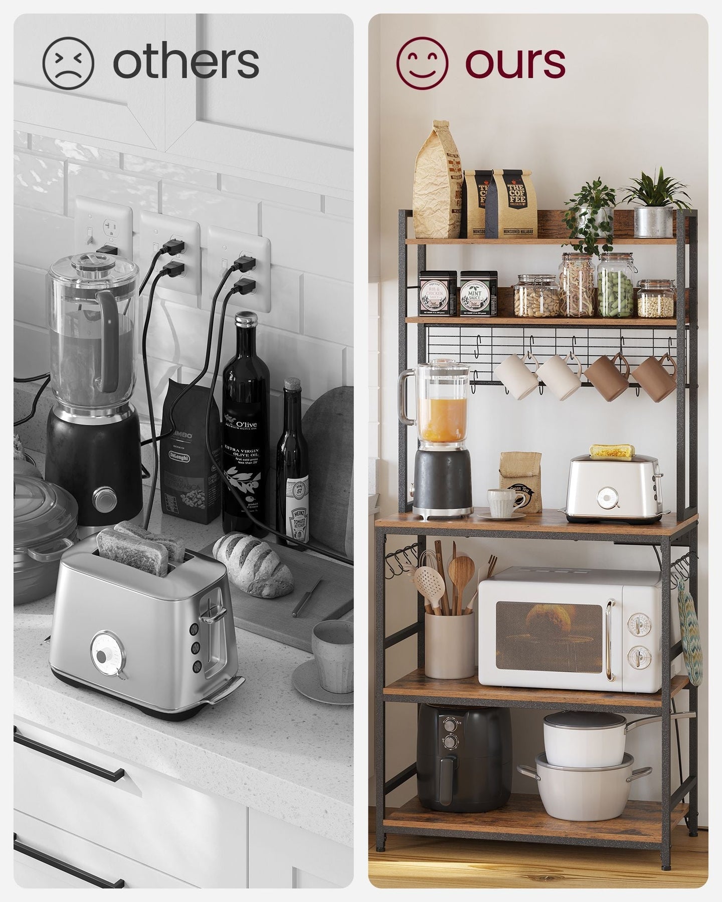 Kitchen Storage Rack - Steel - Rustic Brown - Featuring Power Outlet and 14 Hooks